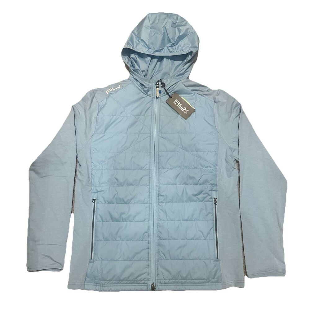 RLX Ralph Lauren M Hybrid Blue Golf Wool Quilted Jacket Hood $268 Preppy Active